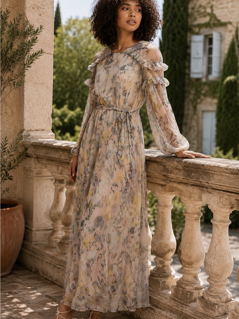 River Island Floral Plissé Mesh Maxi Dress Ruffle Trim Belted Romantic UK 8 US 4